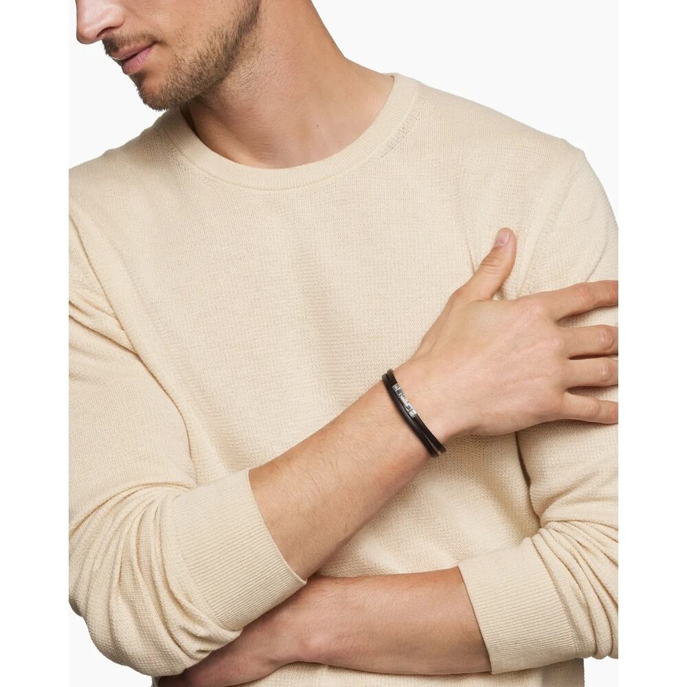 Ralph Lauren RL Unisex Men's leather wrap bracelet sterling silver-plated bar